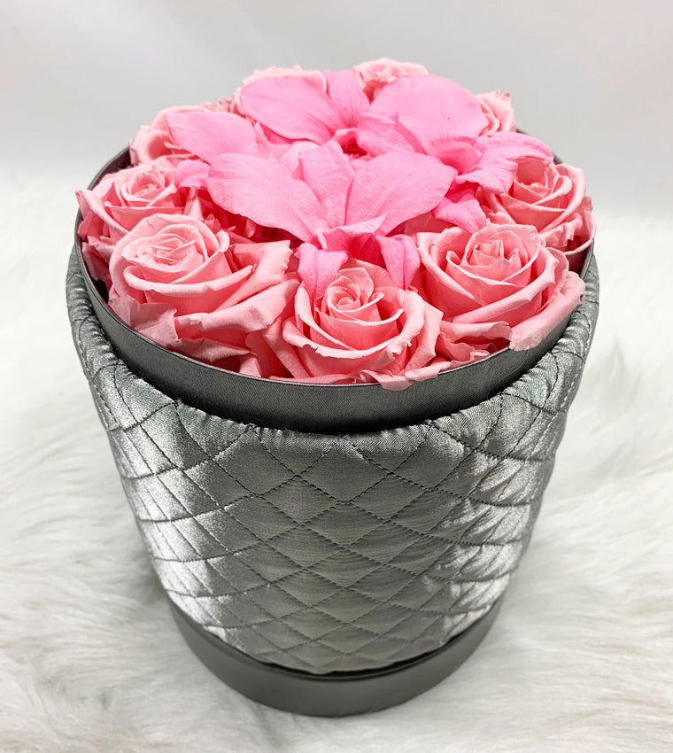 Large 16 Hat Box in Pink and Red Roses on Black Fabric 