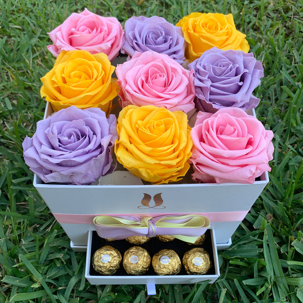 Square Shape Box with Preserved Roses - Spring Colors