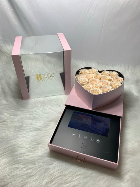 Preserved roses Heart shaped box (pink) with Lcd screen