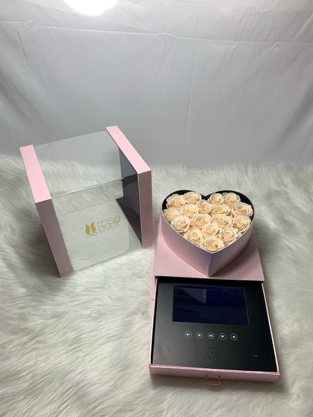 Preserved roses Heart shaped box (pink) with Lcd screen