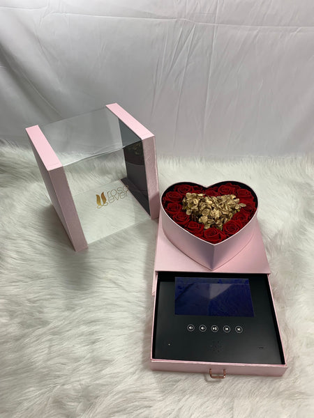 Preserved roses Heart shaped box (pink) with Lcd screen