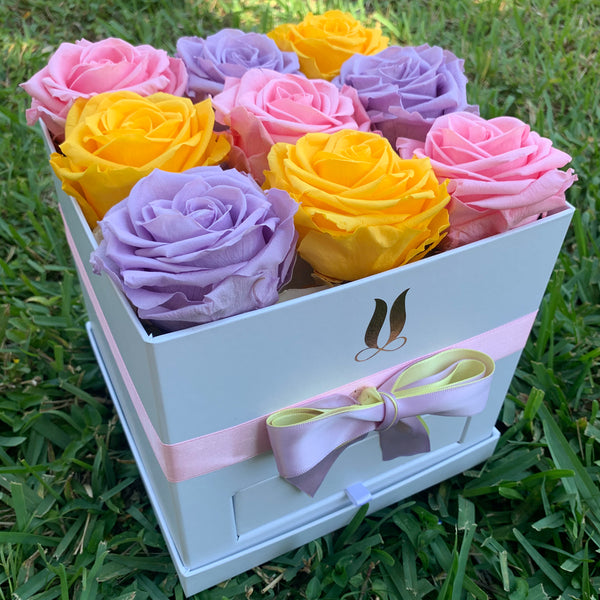 Square Shape Box with Preserved Roses - Spring Colors