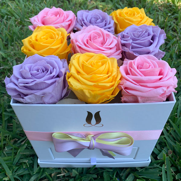 Square Shape Box with Preserved Roses - Spring Colors
